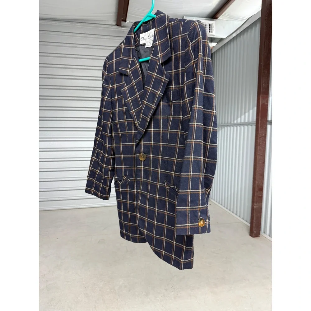 Oleg Cassini Vintage Navy Blue Plaid Wool Blend Blazer Jacket Men Size 40R